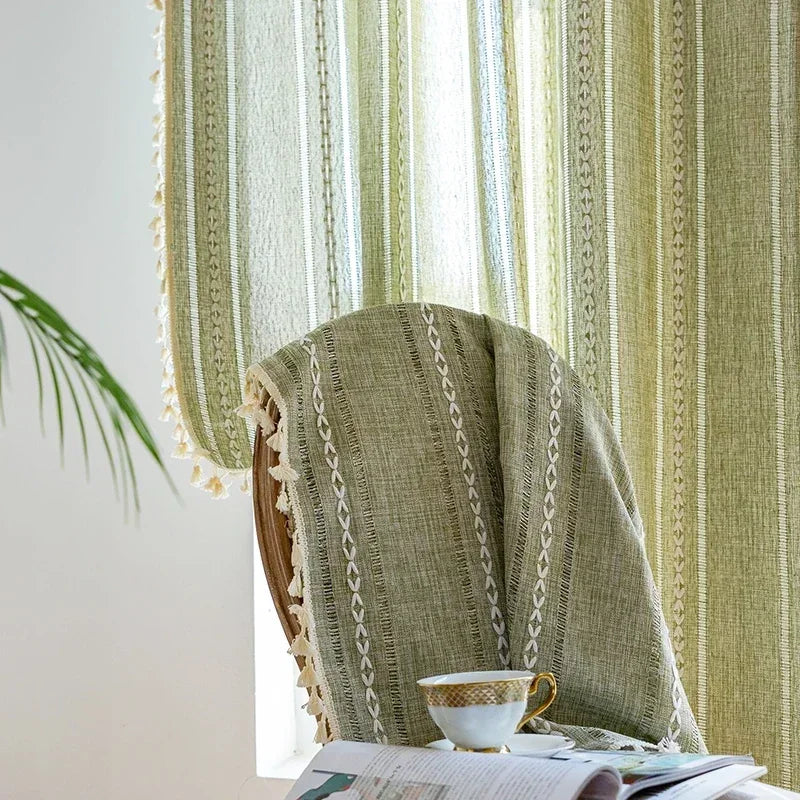 Cortina Verde Sage com Textura e Tassel para Quarto e Sala Laresia