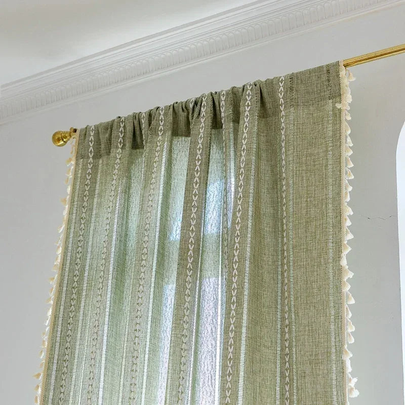 Cortina Verde Sage com Textura e Tassel para Quarto e Sala Laresia