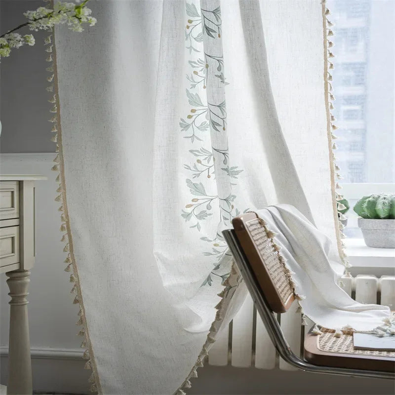 Cortina Verde Sage com Textura e Tassel para Quarto e Sala Laresia