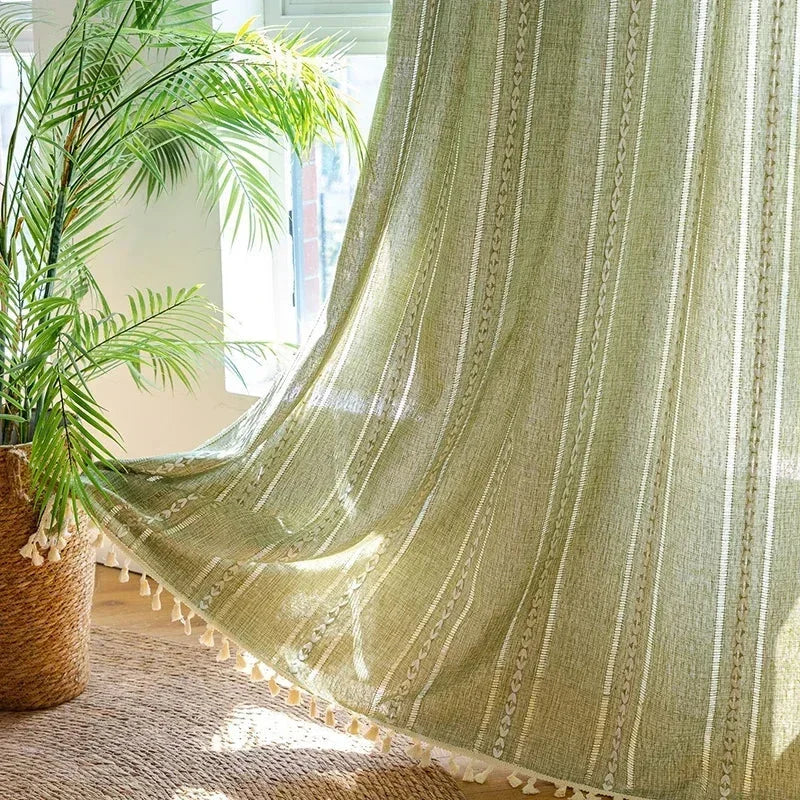 Cortina Verde Sage com Textura e Tassel para Quarto e Sala Laresia