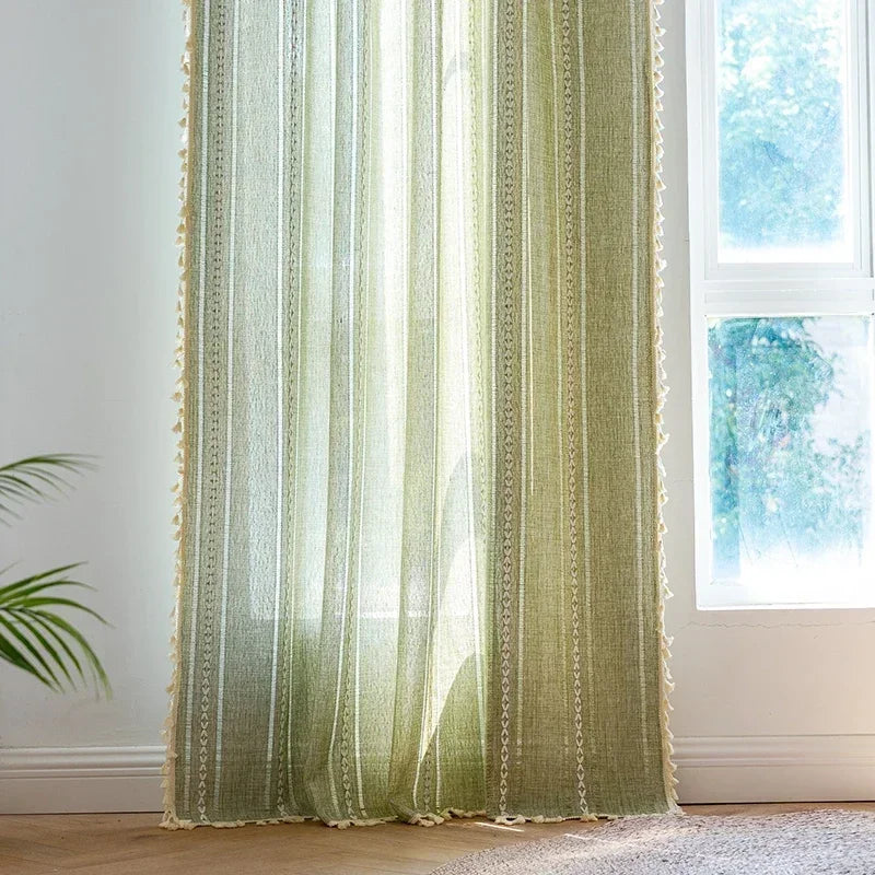 Cortina Verde Sage com Textura e Tassel para Quarto e Sala Laresia