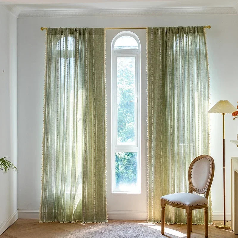 Cortina Verde Sage com Textura e Tassel para Quarto e Sala Laresia