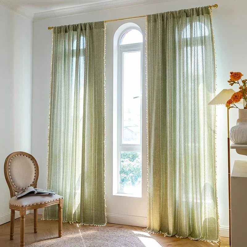 Cortina Verde Sage com Textura e Tassel para Quarto e Sala Laresia