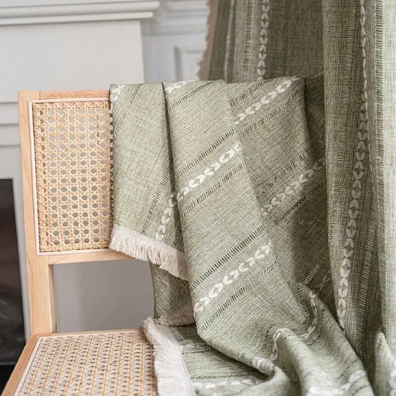 Cortina Verde Sage com Textura e Tassel para Quarto e Sala Laresia