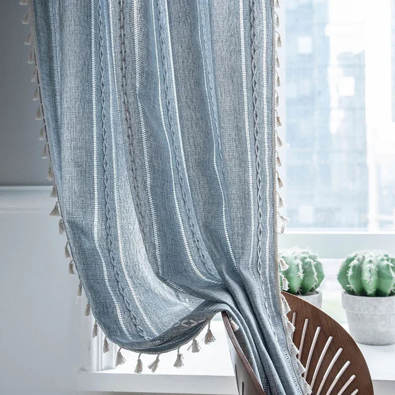 Cortina Verde Sage com Textura e Tassel para Quarto e Sala Laresia