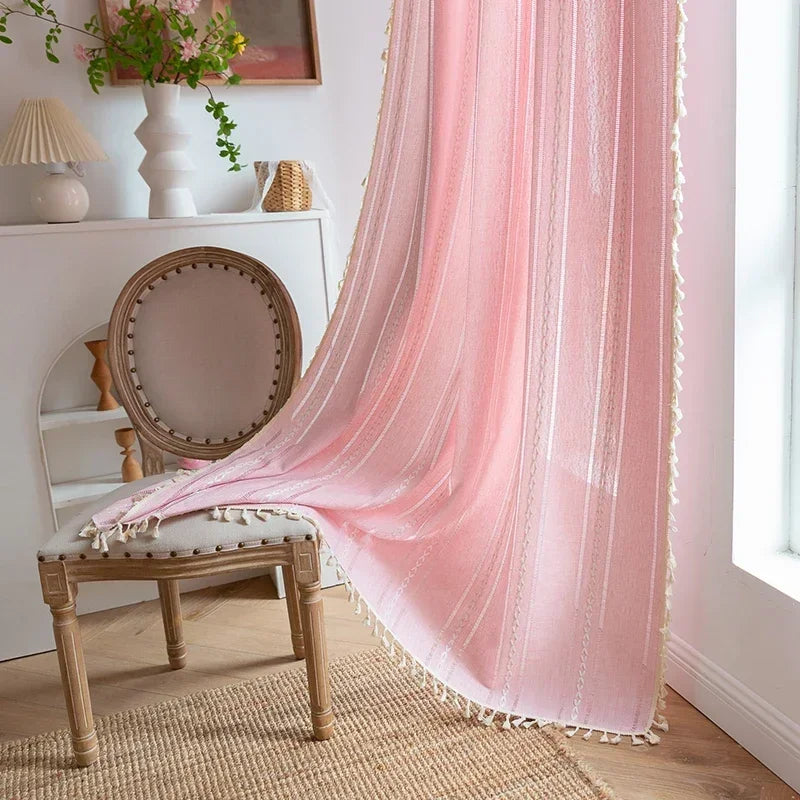 Cortina Verde Sage com Textura e Tassel para Quarto e Sala Laresia